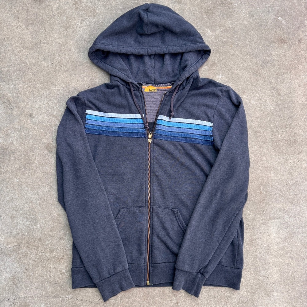 Aviator Nation 5 Stripe Zip Up Hoodie Gray Blue Stripes Large Made in USA